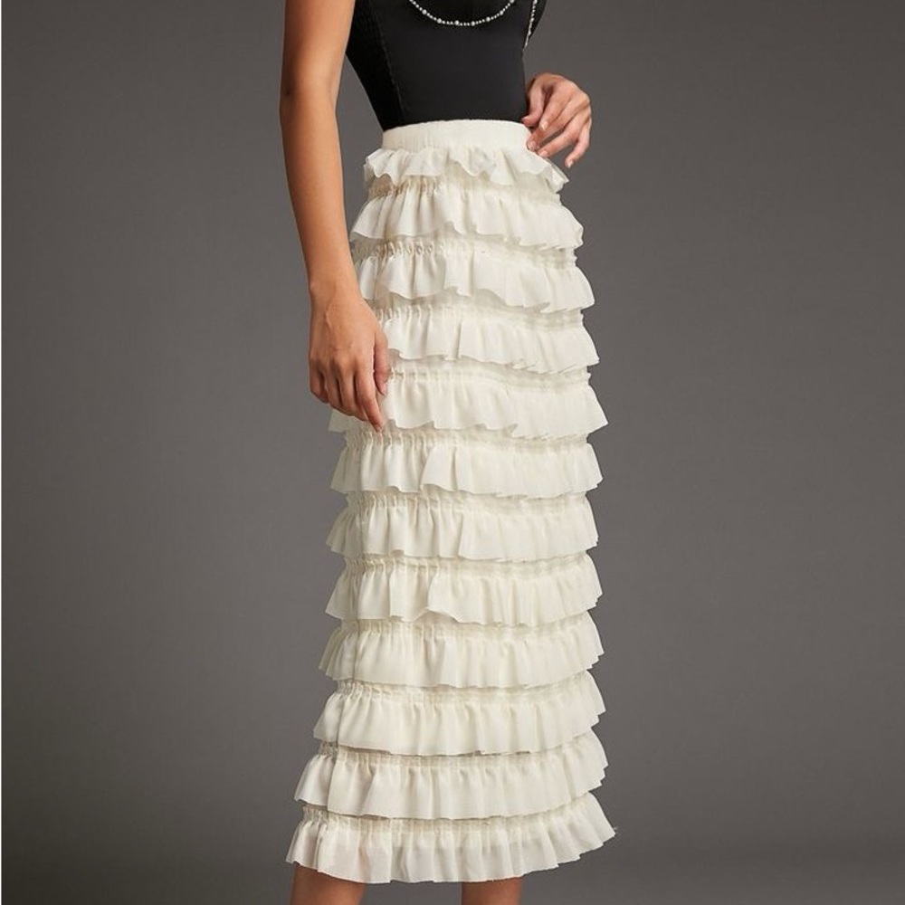COUTURE #80 Vanilla Cream Tiered Layered Tulle Mesh Ruffled Maxi Skirt SMALL